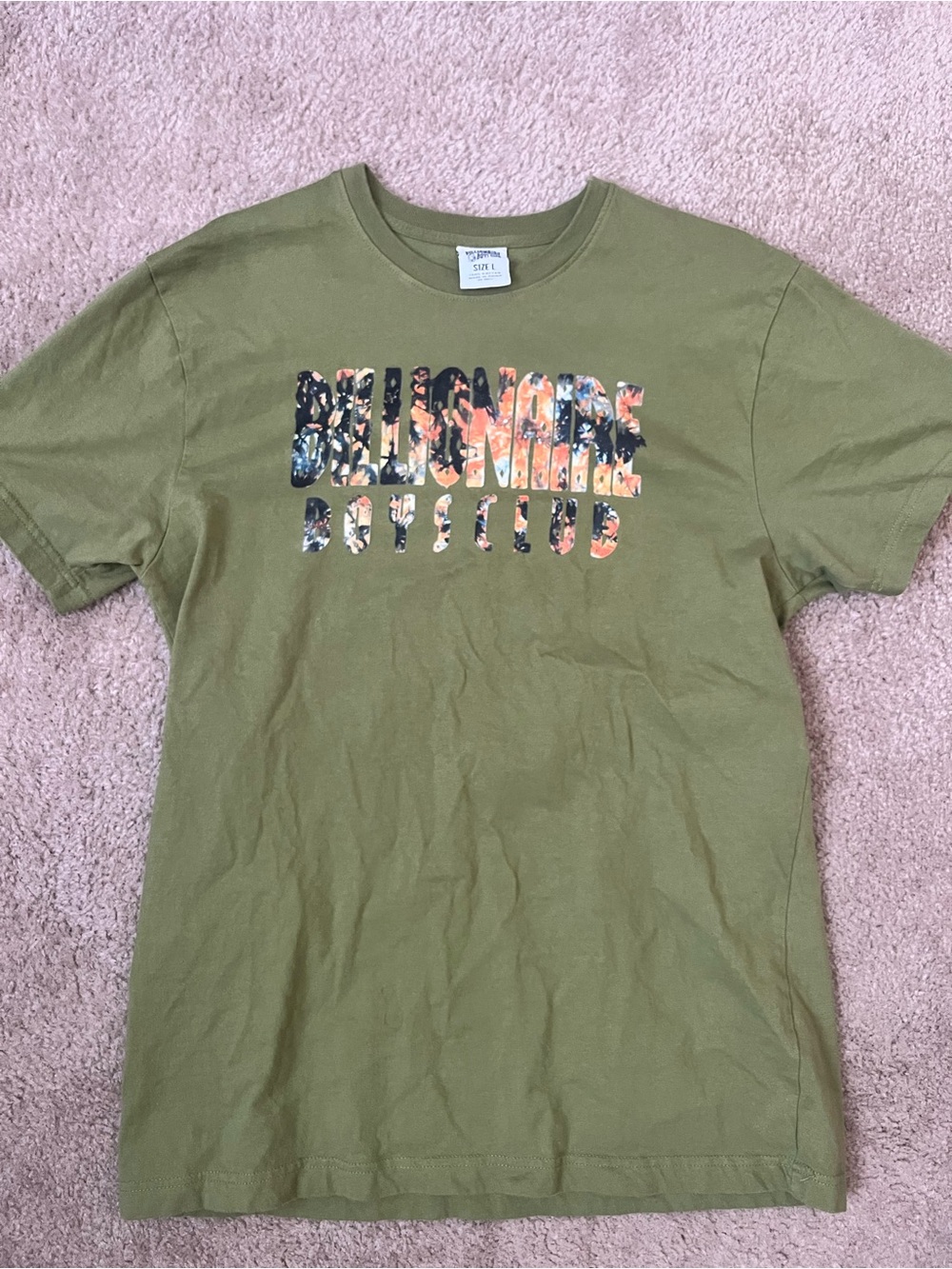 Billionaire Boys Club Olive Green Graphic Tee with Floral Lettering Size Large